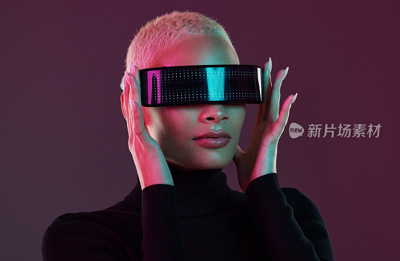Woman, vr glasses and metaverse for futuristic gaming, digital transformation and tech. Cyberpunk person on studio background with augmented reality headset for 3d and cyber world fantasy experience